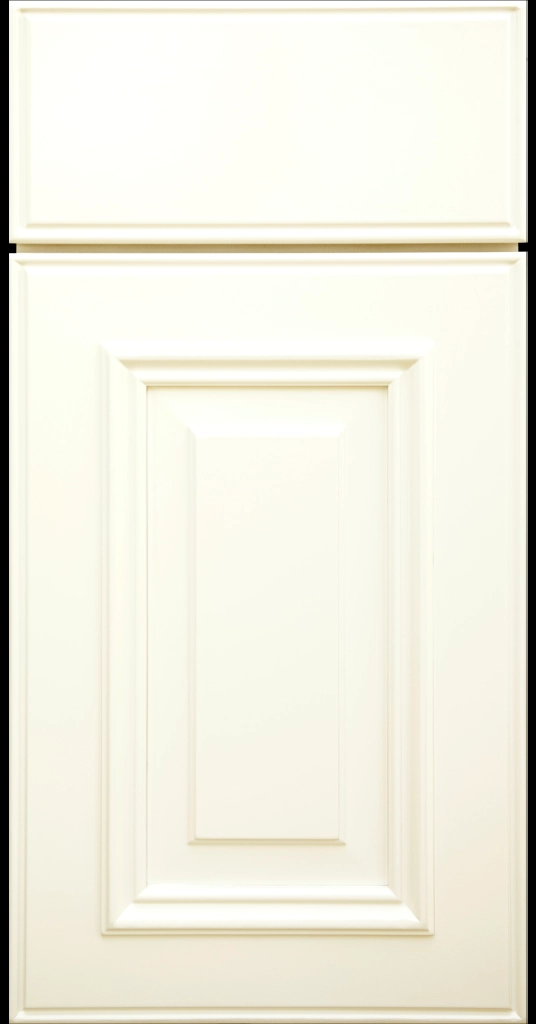 Custom Vanilla Matte Anderson Raised Panel Kitchen Cabinet Door and matching Slab Drawer Front.
